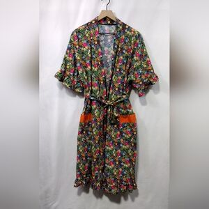 Womens Floral Robe Kimono Size L Multicolor Artsy Cottagecore Peasant Retro 90s